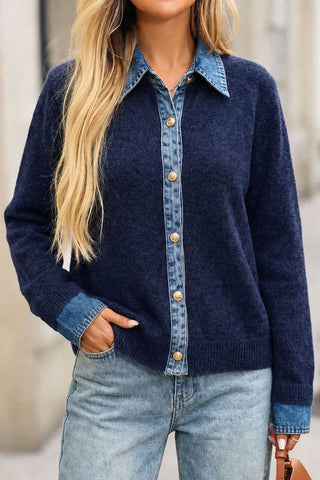 Denim Trim Button-Front Knit Cardigan