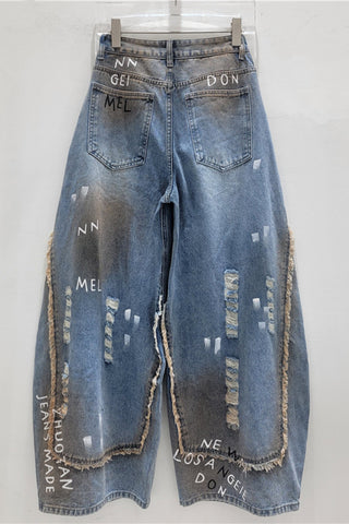 Distressed Wide-Leg Denim Pants