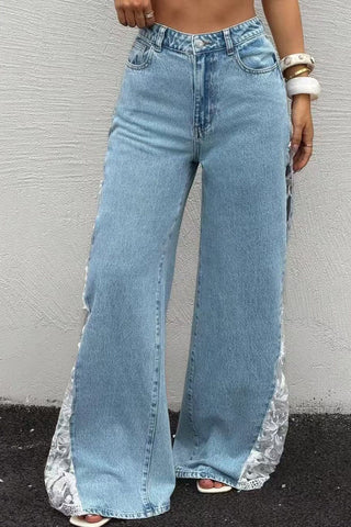 Sheer Floral Lace Side Wide Leg Jeans