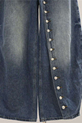 High-Waist Button-Front Barrel Jeans