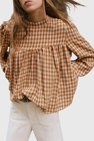 Plaid Mock Neck Puff Sleeve Blouse