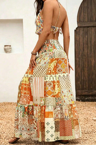 Patchwork Tiered Floral Maxi Skirt