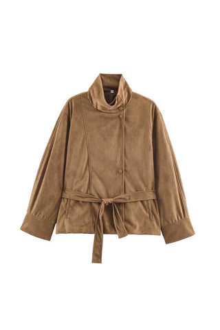 Stand-Collar Tie-Waist Suede Coat
