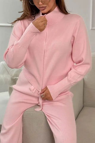 Zip-Front Mock Neck Knit Pants Set