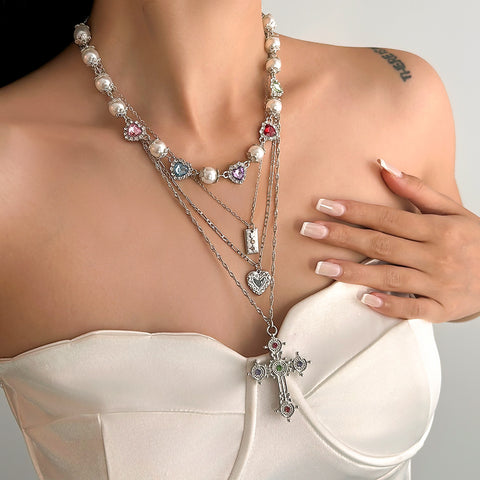 Layered Cross Heart Pendant Necklace