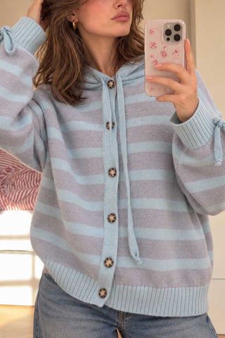 Striped Hooded Button-Front Knit Cardigan