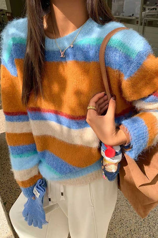 Striped Fuzzy Crew Neck Sweater