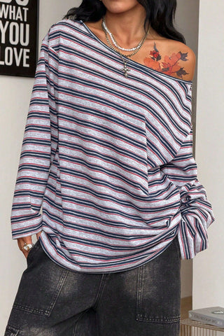 Striped Boat-Neck Long-Sleeve Top