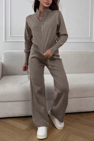 Zip-Front Mock Neck Knit Pants Set