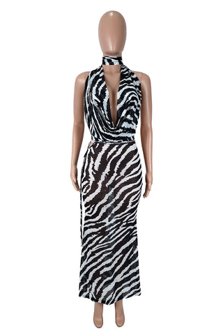 Zebra Halter Cutout Maxi Skirt Set