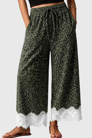 Leopard Print Lace Hem Wide-Leg Casual Pants
