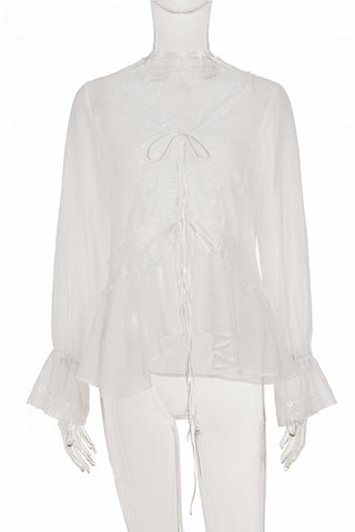 Lace-Up Front Bell Sleeve Sheer Blouse