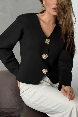 V-Neck Metallic Button Long Sleeve Cardigan