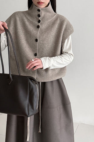 Collared Ribbed Knit Button-Front Vest