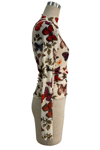 Butterfly Print Mock Neck Mesh Top