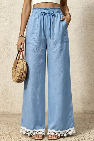 Ruffle Waist Lace-Trim Wide-Leg Pants