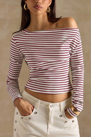 Striped One-Shoulder Ribbed Long Sleeve Top
