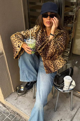 Leopard Print Faux Fur Open Front Jacket