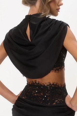 Cowl Neck Draped Crop Top Set