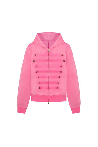 Military Button Hooded Zip-Up Sweatshirt