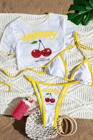 Cherry-Print Bikini Set with Cover-Up