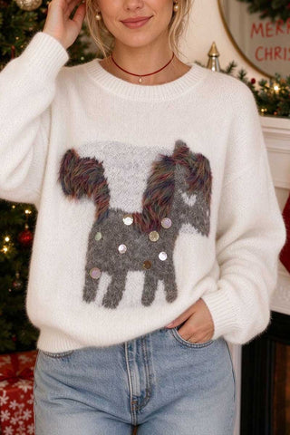 Sequin Animal Motif Crew Neck Sweater