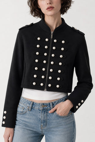 Military Button Mock Neck Cropped Jacket