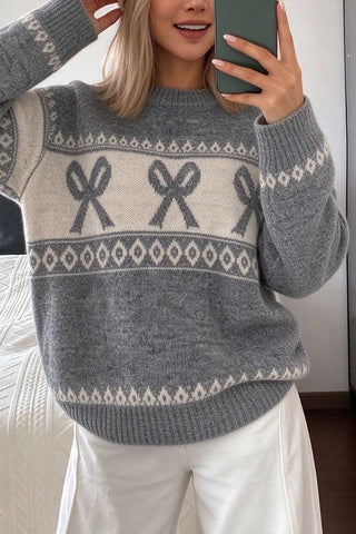Bow Motif Fair Isle Crew Neck Sweater