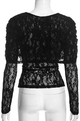 Sheer Lace Overlay Crew Neck Long Sleeve Top