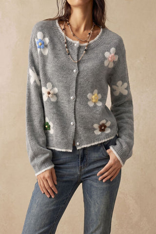 Floral Applique Button-Front Knit Cardigan