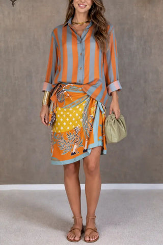 Striped Bell Sleeve Wrap Skirt Set