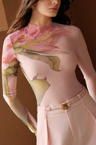 Floral Sheer Mesh Mock Neck Top