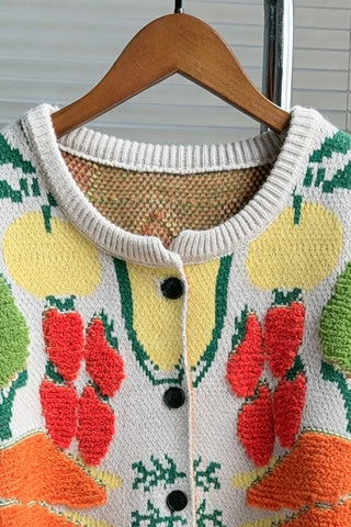 Fruit Print Crew Neck Button Cardigan