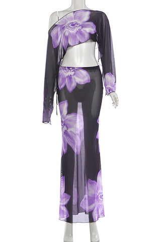 Sheer Floral Off-Shoulder Maxi Skirt Set