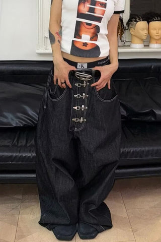 Buckle-Front Wide Leg Jeans