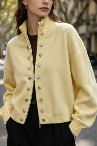 Mock Neck Zip Front Military Cardigan