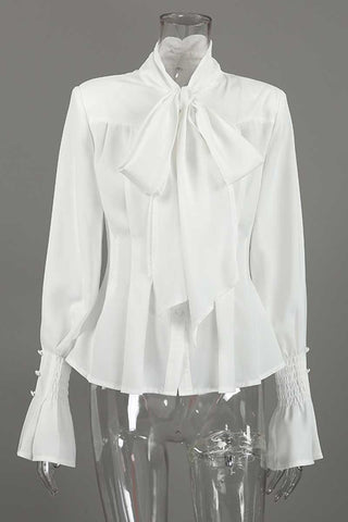Tie-Neck Smocked Cuff Pleated Blouse
