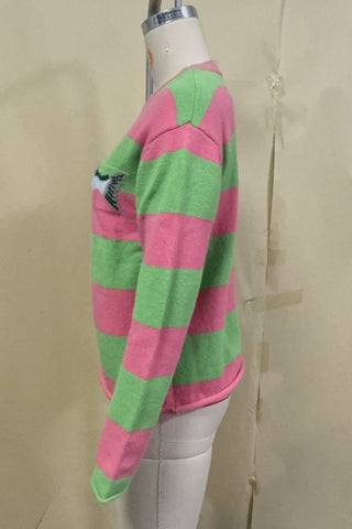 Fish Graphic Striped Crew Neck Sweater