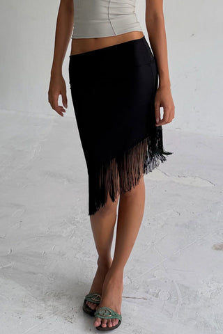 Asymmetrical Fringe Midi Skirt