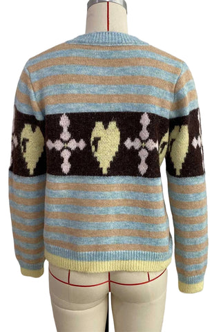 Striped Heart Intarsia Button-Front Cardigan
