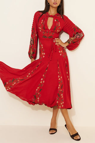 Floral Tie-Neck Puff Sleeve Dress