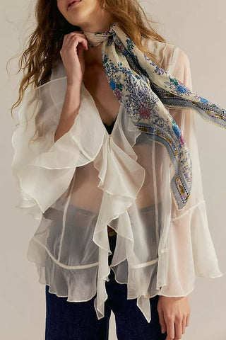 Sheer Ruffle V-Neck Bell Sleeve Blouse