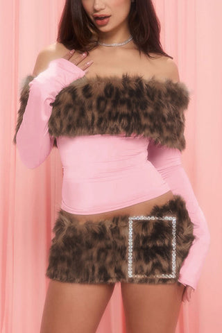 Faux Fur Off-Shoulder Mini Skirt Set