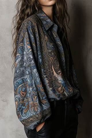 Paisley Print Bell Sleeve Collared Blouse