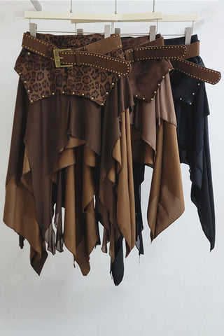 Studded Belt Asymmetrical Ruffle Midi Skirt