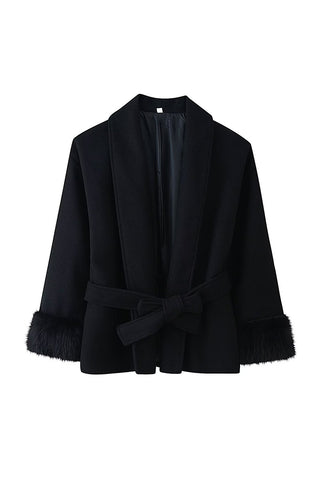 Faux Fur Cuff Wrap Belted Coat