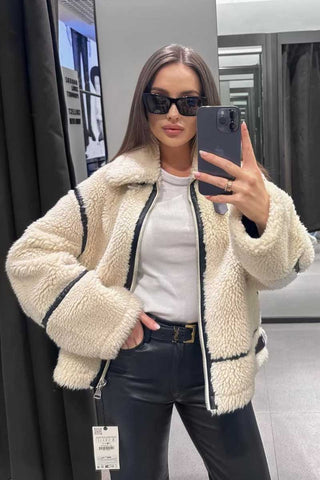 Contrast Trim Zip-Up Sherpa Jacket