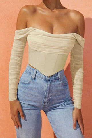 Sheer Sleeve Off-Shoulder Crop Blouse