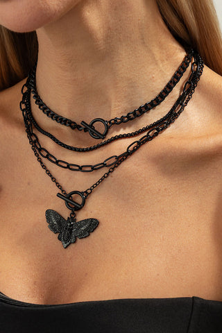 Layered Chain Moth Pendant Necklace