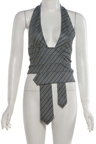 Striped Halter Deep V-Neck Tie Front Tank